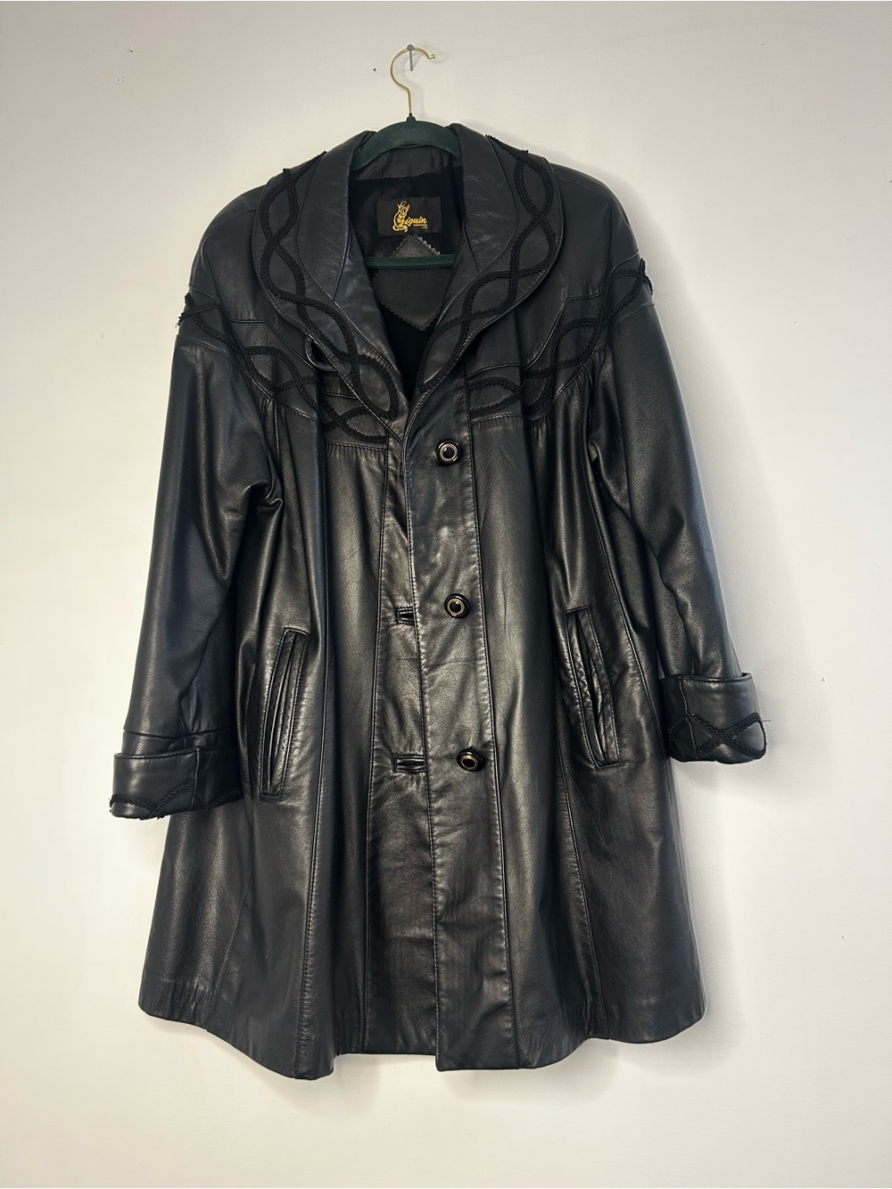 Long Black Leather Women's Coat with sewed on details